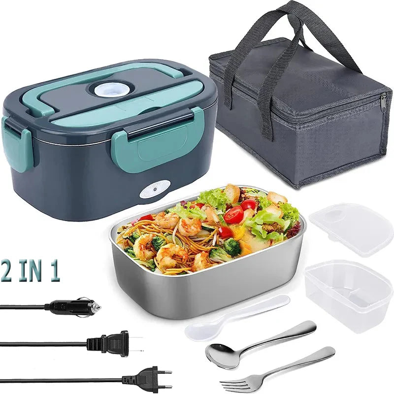 2 in 1 Car Home 12V 24V 110V 220V Electric Lunch Box Portable Picnic School Food Heating Warmer Container Stainless Steel Set