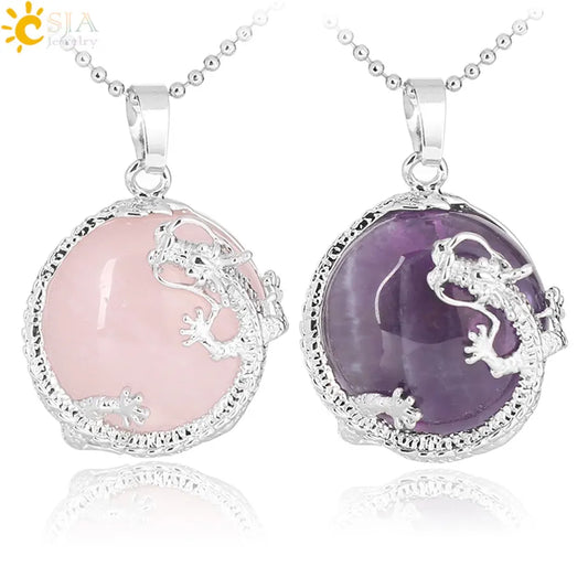 CSJA Necklaces Dragon Pendants Women Natural Stone Purple Crystal Pink Quartz Tiger Eye Lava Rock Flat Round Beads Fittings F304